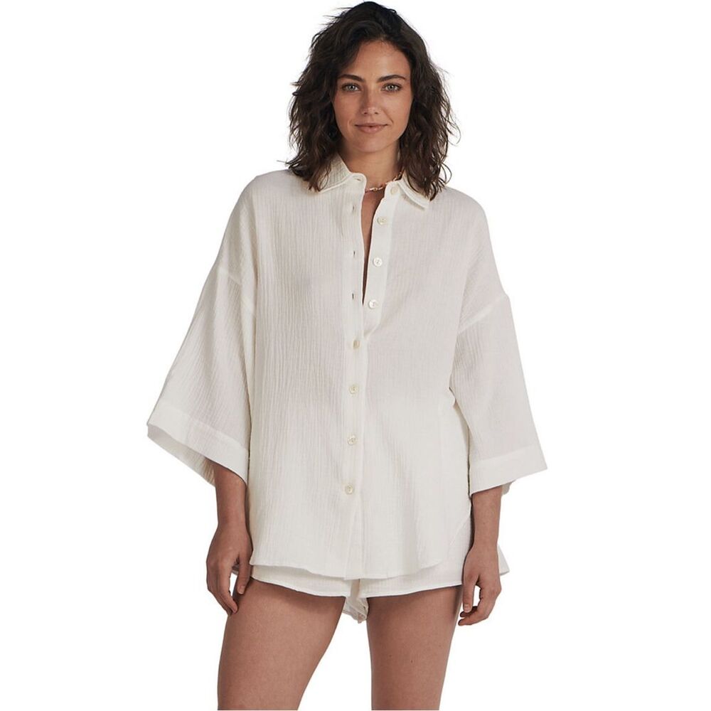 Charlie Holiday Harlow Crinkled Cotton Shirt in White Size M